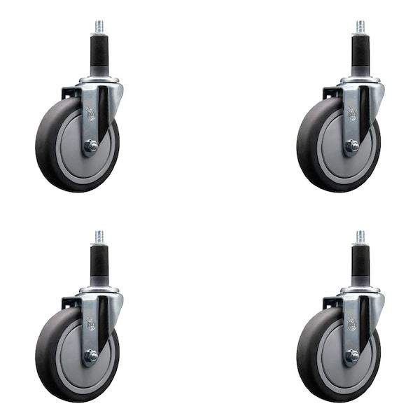 5'' SS Thermoplastic Rubber Wheel Swivel 1-1/8'' Expanding Stem Caster Set, 4PK